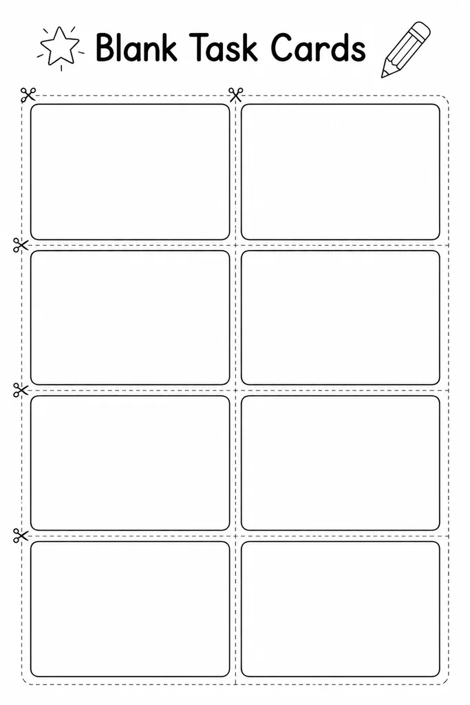 Blank printable task cards sheet with eight uniform cut-out cards arranged in two columns, ready for teacher-written questions or prompts