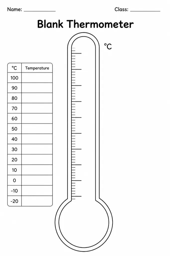 Blank printable thermometer template with numbered Celsius scale and empty mercury column ready for students to shade to a given temperature