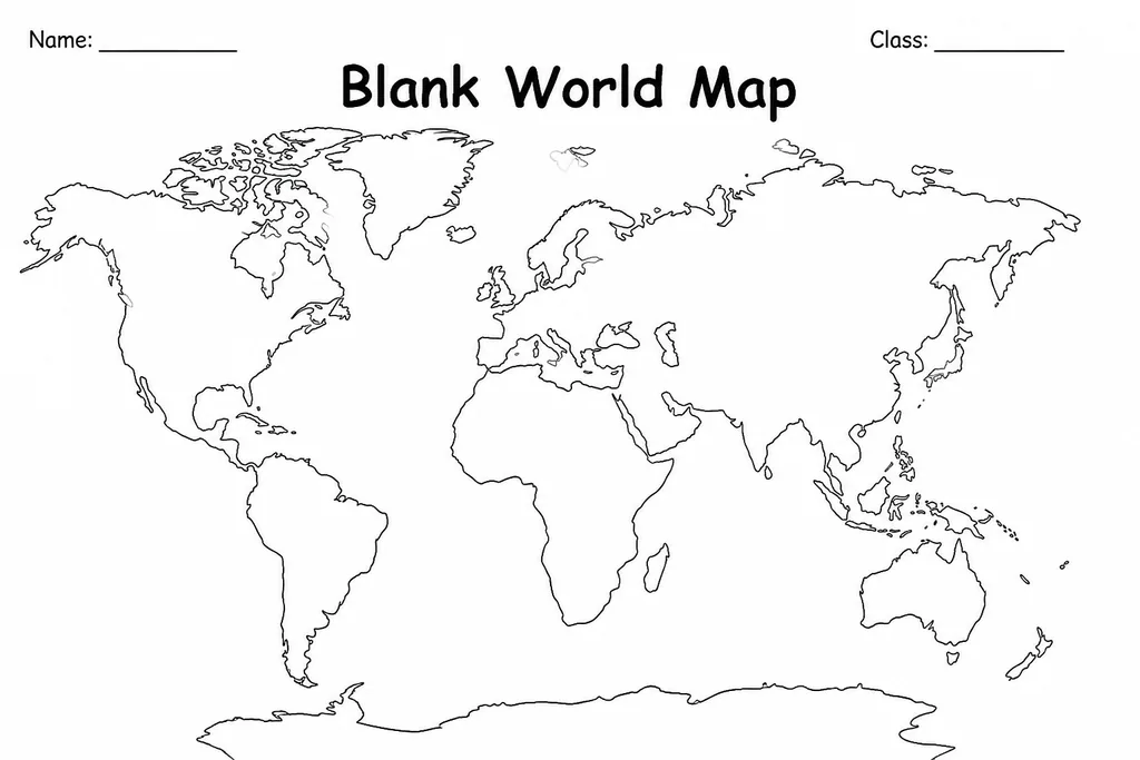 Blank printable world map outline template showing all seven continents and major oceans with no labels, ready for students to fill in