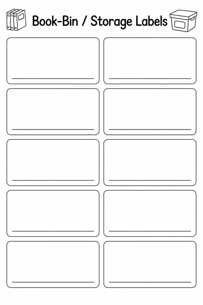 Sheet of blank printable rectangular classroom storage and book-bin labels ready to write on and cut out