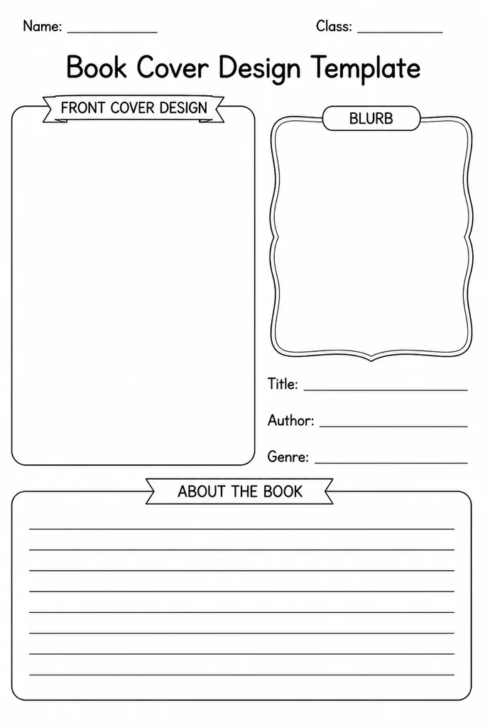 Blank printable book cover design template showing front illustration area, title line, author line, and back blurb frame for students grades 1-6