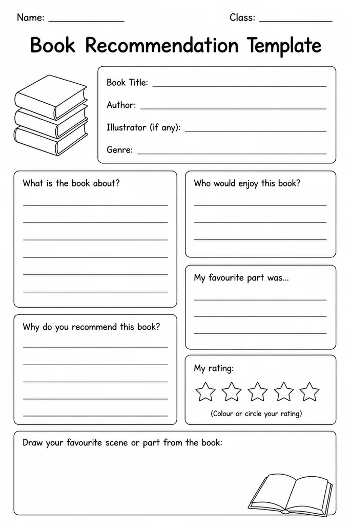 Free printable book recommendation card template with blank fields for title, author, genre, star rating, and a persuasive blurb, grades 1 to 8