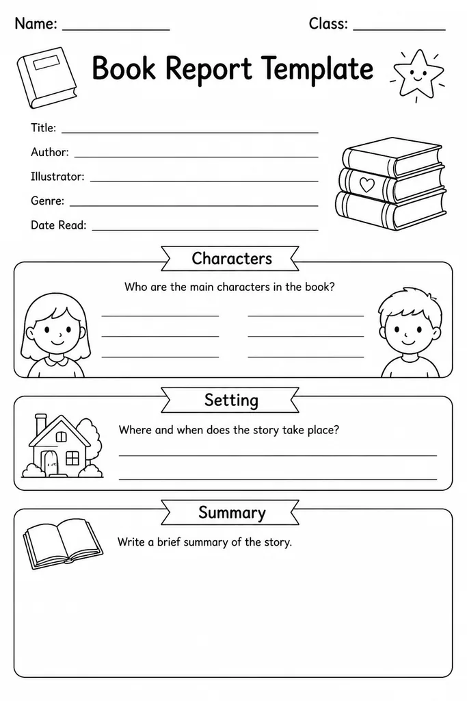 Blank printable book report template showing labeled sections for title, author, characters, setting, summary, and personal opinion