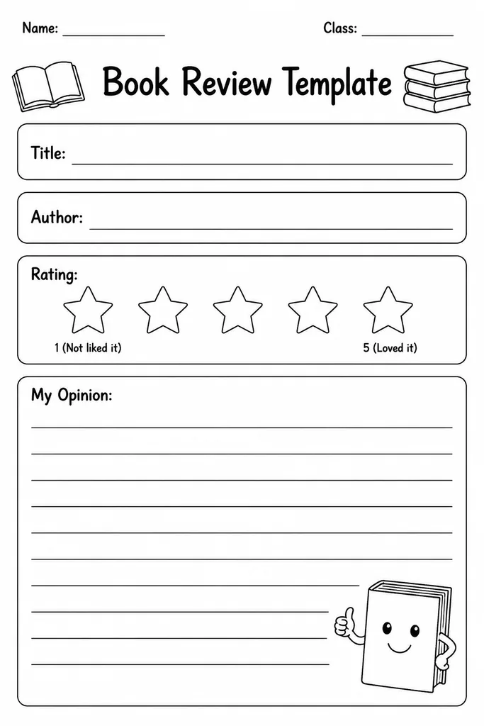 Blank printable book review template with fields for title, author, star rating, summary, and student opinion on white paper