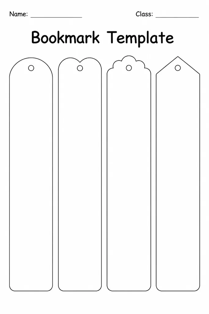 Blank printable bookmark template sheet with four bookmark outlines per page and dotted cut lines, for student decorating in grades K to 6