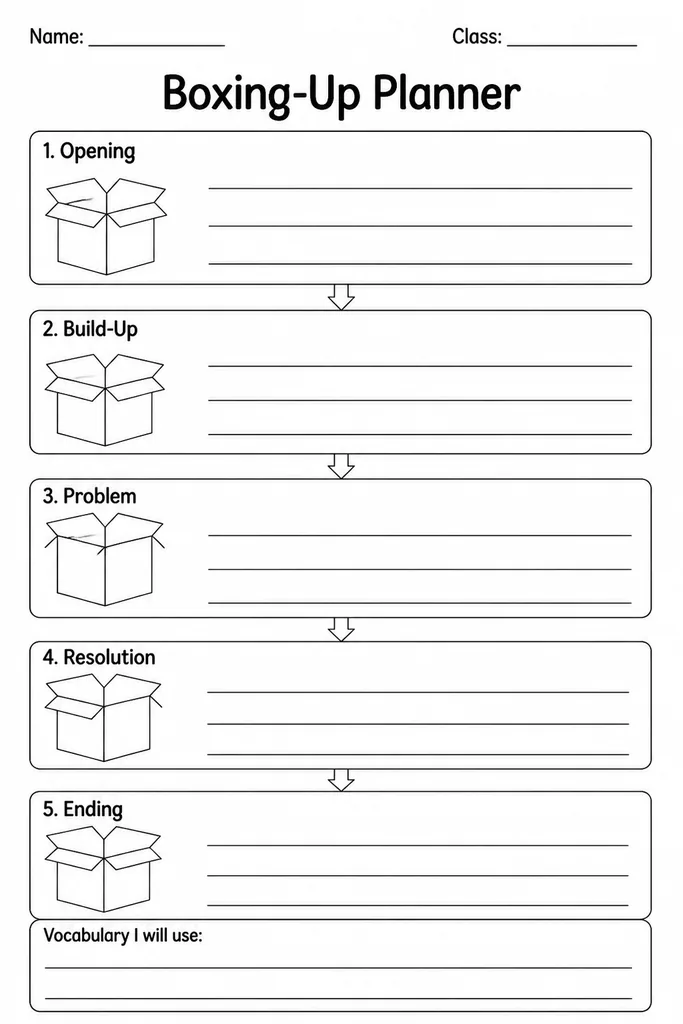Blank Boxing-Up Planner printable with stacked labelled sections for Talk-for-Writing story or text structure planning