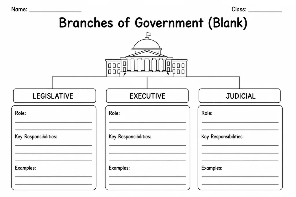 Blank printable branches of government three-column chart with empty rows for branch name, members, powers, and checks and balances