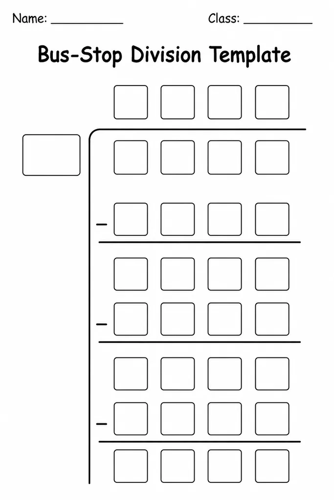 Blank bus-stop division template printable showing pre-drawn division brackets with space for quotient digits and remainder working