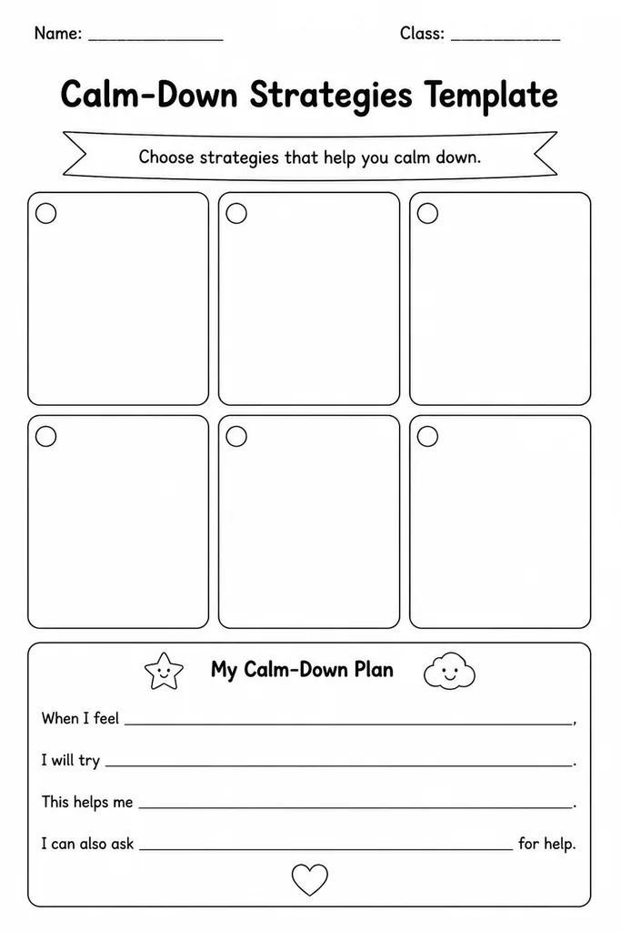 Blank printable calm-down strategy cards with icon drawing space and label lines for students to personalise their own calming toolkit, K–Grade 5