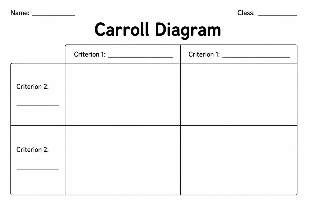 Blank printable Carroll diagram with a 2x2 grid and empty row and column header labels for two-criteria sorting activities