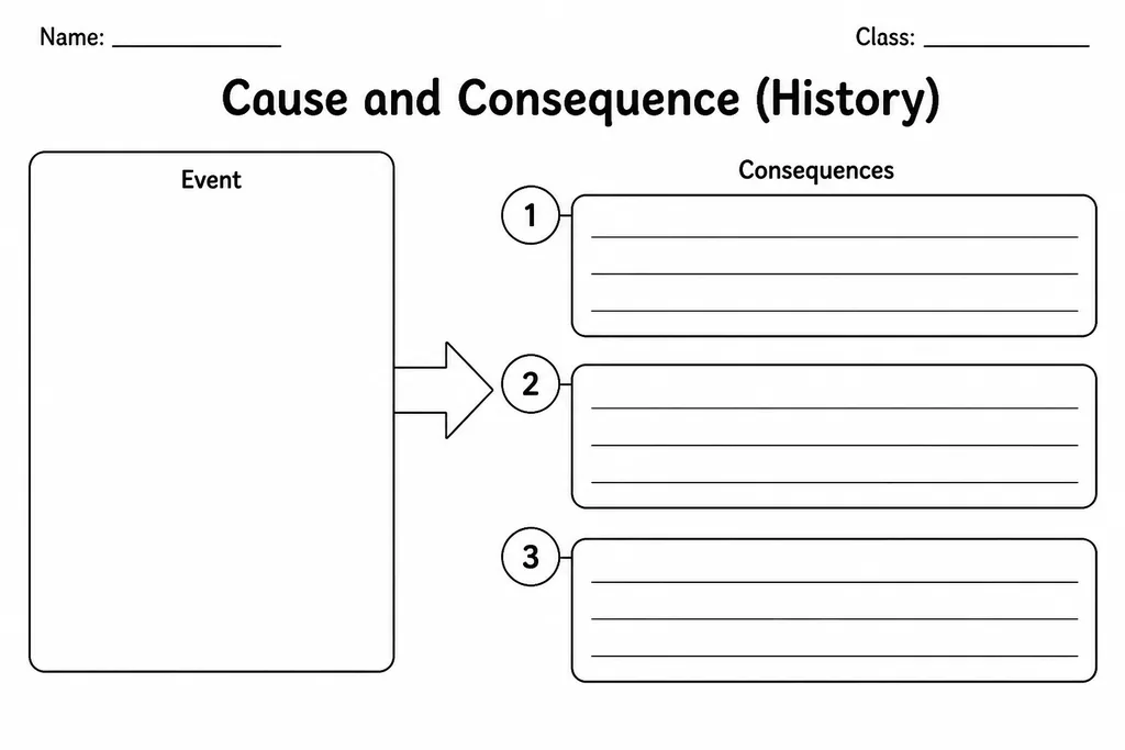 Blank printable cause and consequence history graphic organiser with causes column, central event box, and short- and long-term consequence branches