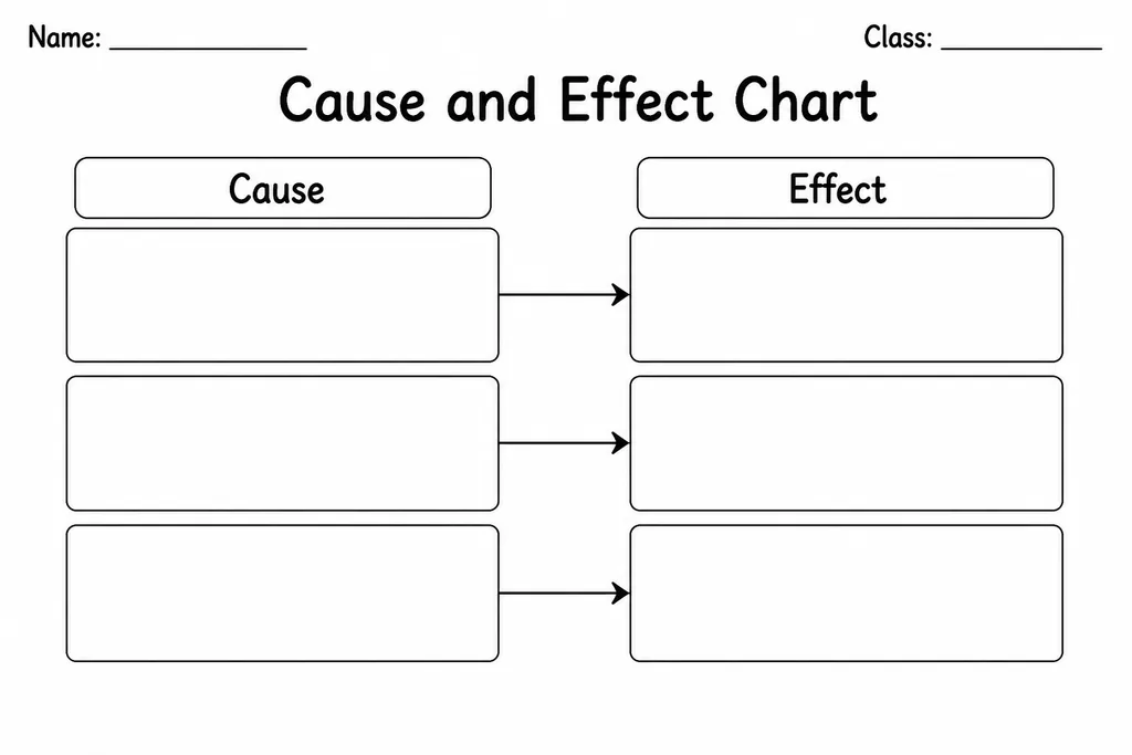 Free printable cause and effect chart with two blank linked boxes connected by an arrow showing the relationship between cause and effect