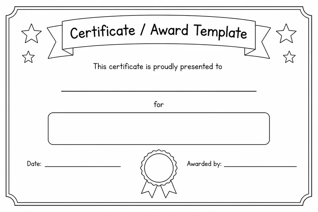 Blank printable achievement certificate template with decorative border, recipient name line, award title field, date, and signature line