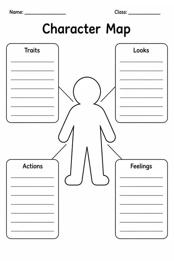 Blank printable Character Map graphic organizer with a central figure outline surrounded by four labeled zones for appearance, personality, actions, and feelings
