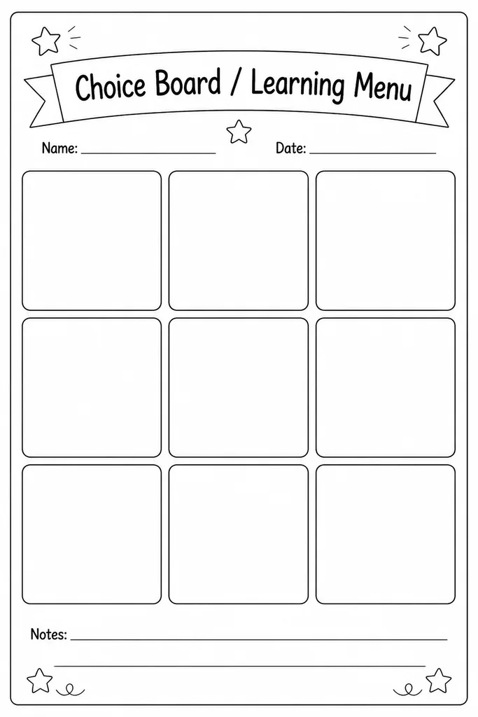 Blank printable 3x3 choice board learning menu template with nine equal cells for teacher-written activity options