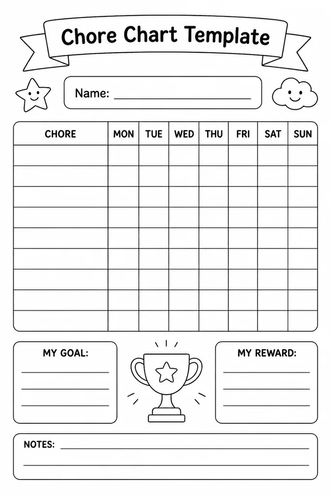 Blank printable single-child chore chart grid with rows for tasks and columns for days of the week, for Kindergarten through Grade 8