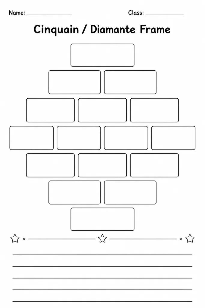 Blank printable cinquain and diamante poem frame showing labelled lines for each row of both structured poetry formats