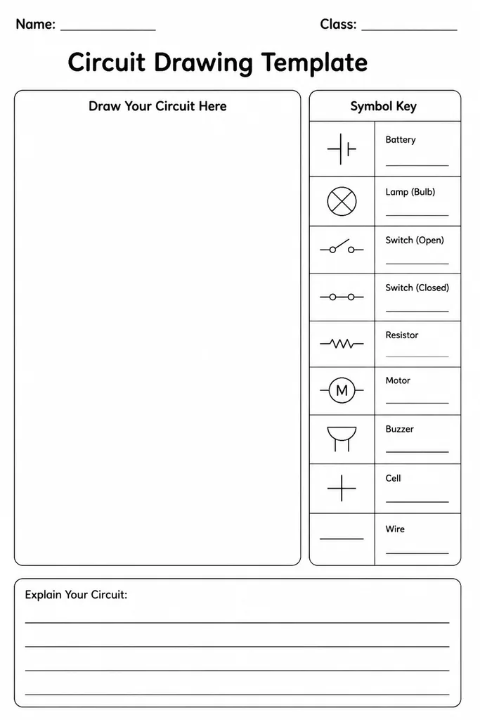 Blank printable circuit drawing template showing a large drawing area and a printed electrical circuit symbol key for student science, grades 4–8