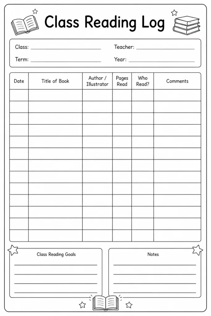 Blank printable class reading log with columns for title, author, genre, dates read, and a brief student response or rating
