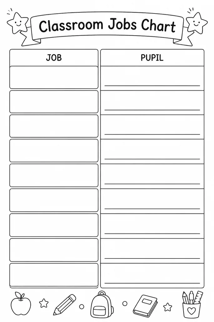 Blank printable classroom jobs chart with job title column on the left and student name slots on the right for rotating weekly classroom roles
