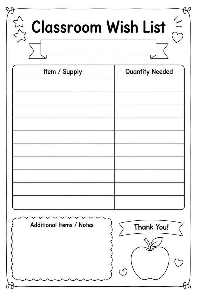 Blank printable classroom wish list template with rows for item name, quantity needed, quantity received, and priority level