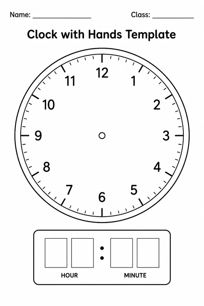 Printable clock-with-hands template showing paired analogue clock face and blank digital display box for matching time formats