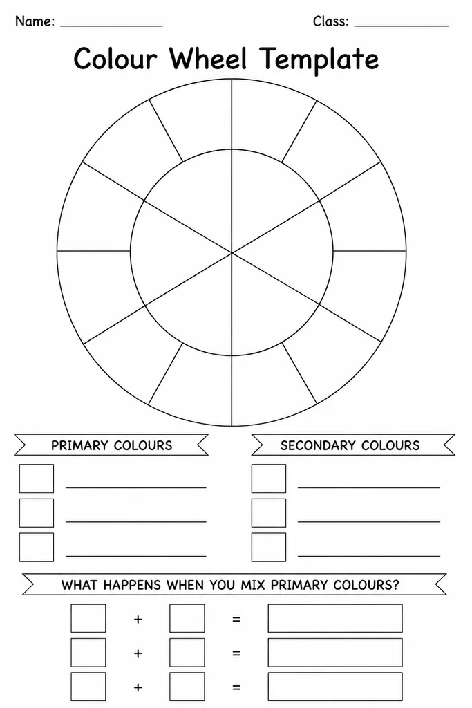 Free printable blank colour wheel template with twelve empty segments for painting primary secondary and tertiary colours, grades 2 to 8