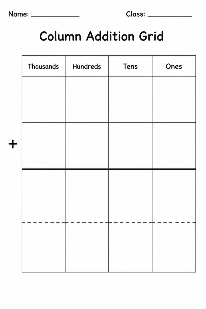 Blank printable column addition grid with labelled place-value columns for ones, tens, hundreds and thousands, and a carrying row at the top
