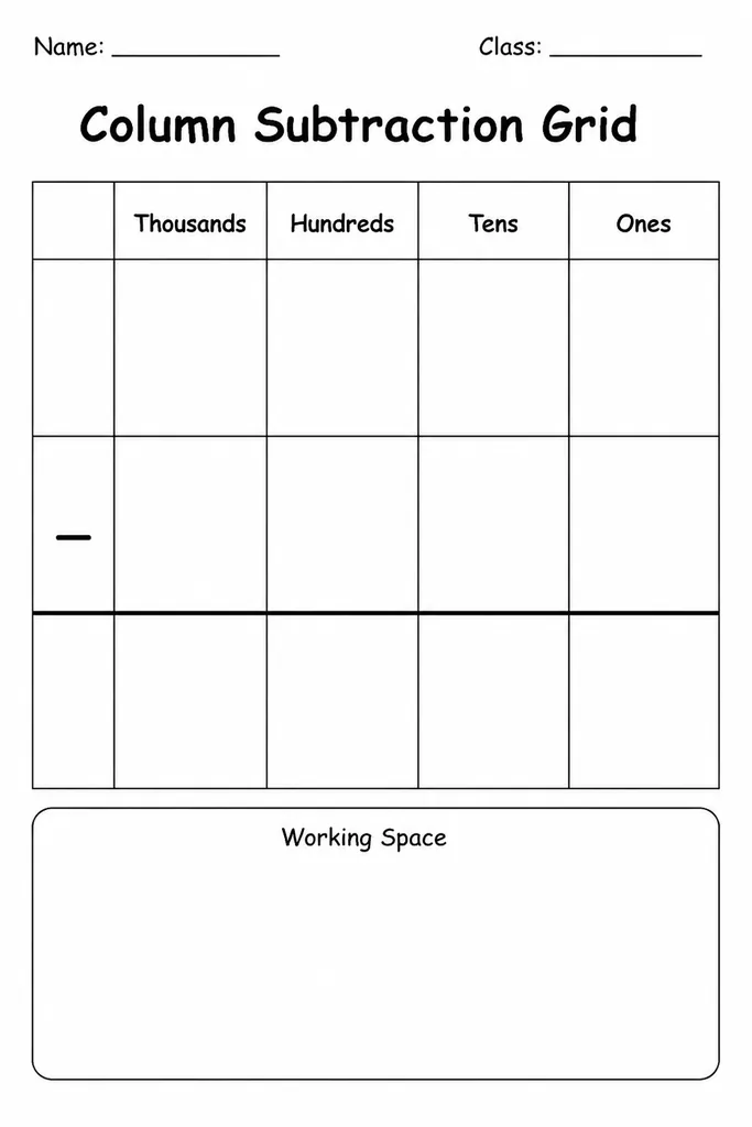 Blank column subtraction grid printable with place-value headers for ones, tens, hundreds and thousands columns