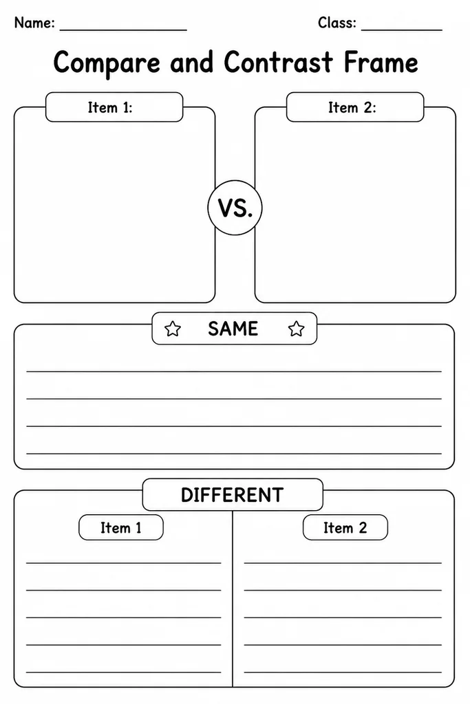 Free printable compare and contrast frame with two outer columns for differences and a center section for shared traits