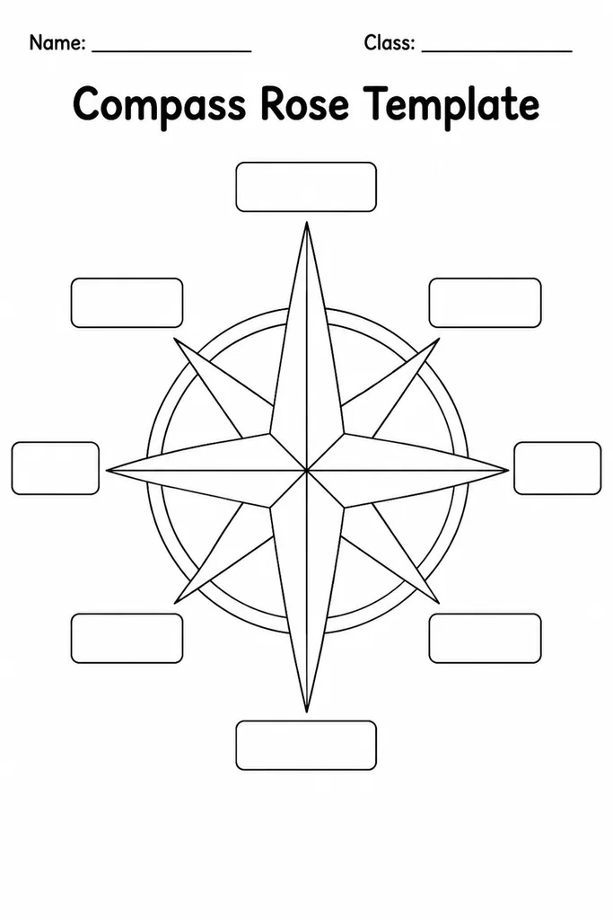 Free printable blank compass rose template with eight labelling arms for cardinal and intercardinal directions, suitable for grades 1 to 5.