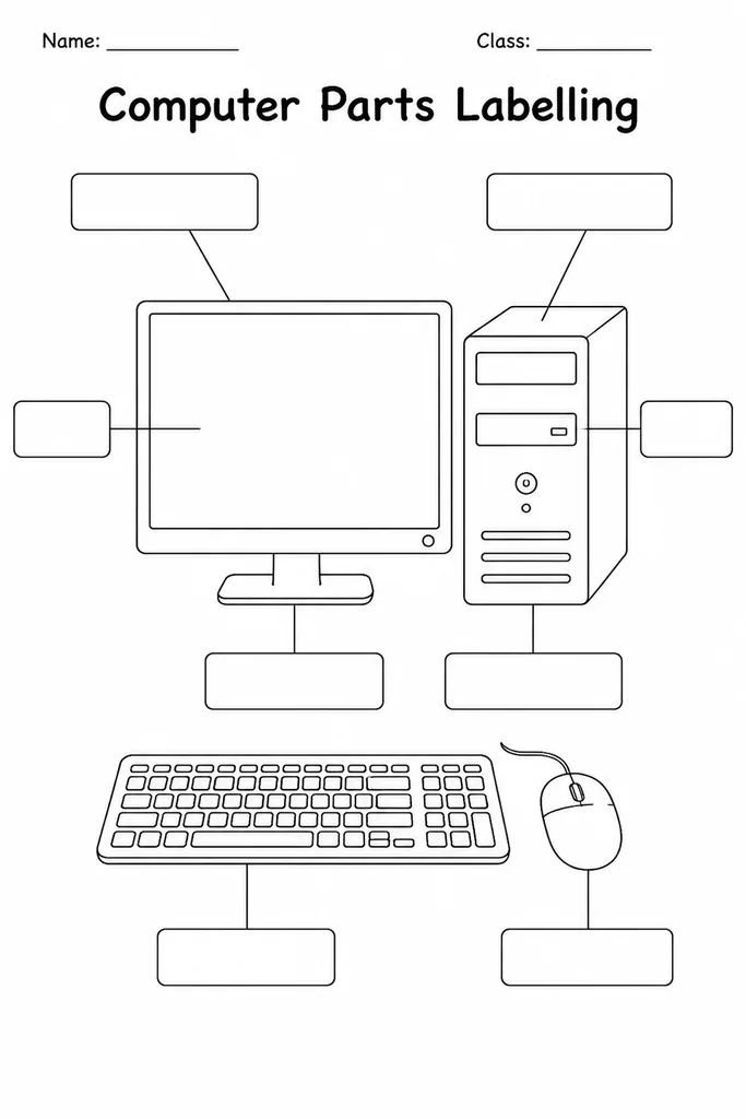 Free printable computer parts labelling template showing a blank desktop computer diagram with numbered leader lines pointing to monitor, keyboard, mouse, and tower