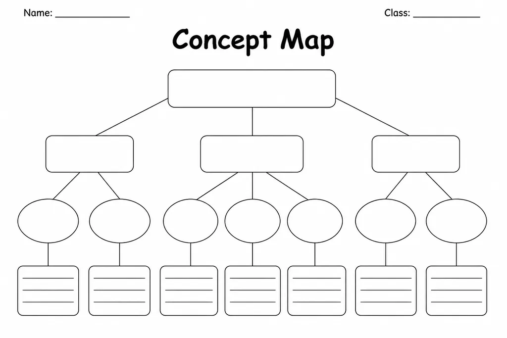 Blank printable concept map with empty oval nodes and connecting lines on white paper, ready to fill in