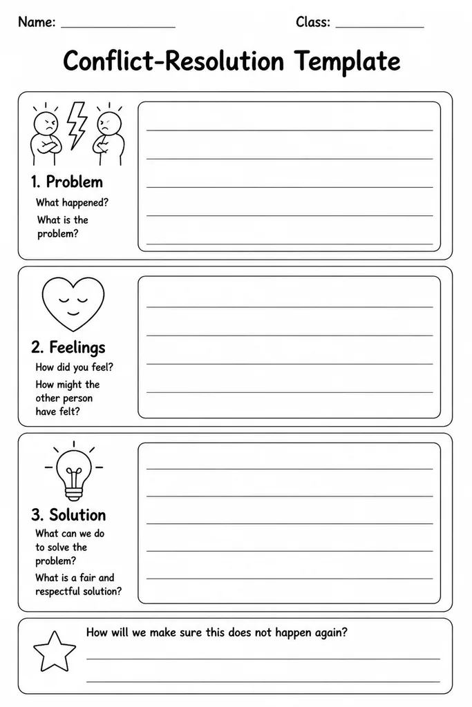 Blank printable conflict-resolution template with three sections: describe the problem, name feelings, and propose a solution, for grades 2 to 7