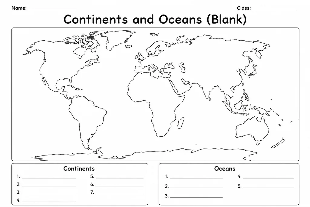 Blank outline world map printable showing seven continent shapes and five ocean areas for student labelling activities