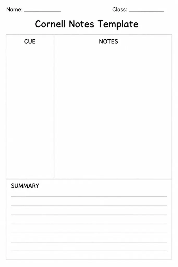Free printable Cornell Notes template showing a narrow left cue column, wide right notes column, and a full-width summary box at the bottom