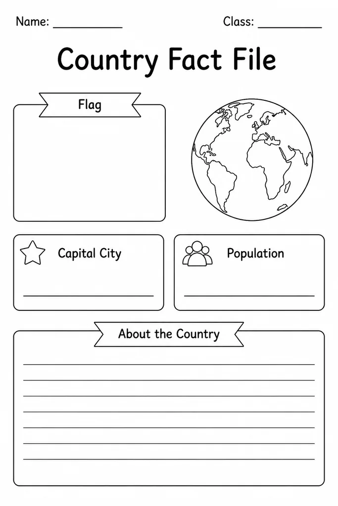 Blank country fact file printable template with labeled fields for flag, capital city, population, language, and key facts