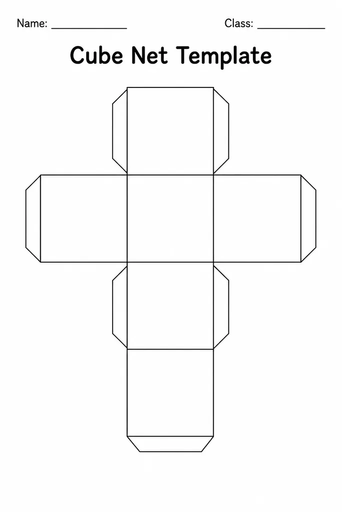 Blank printable cube net showing six connected squares in a cross layout, ready to cut and fold into a 3-D cube
