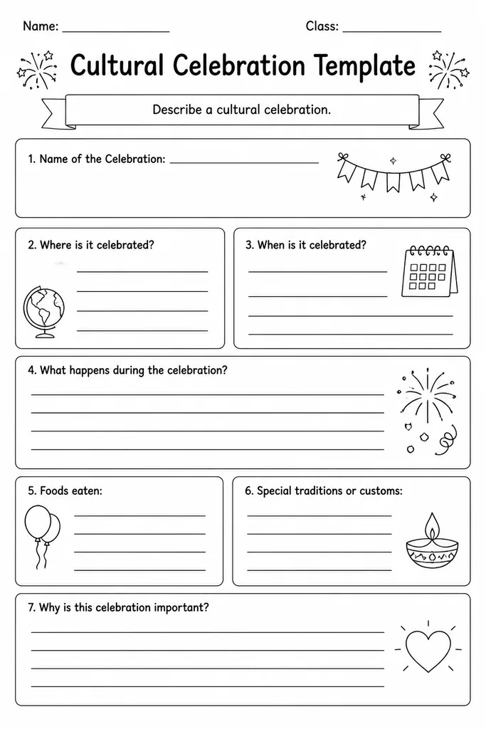 Free printable cultural celebration template with blank sections for festival name, origin, customs, foods, and a symbol space for grades 1 to 6