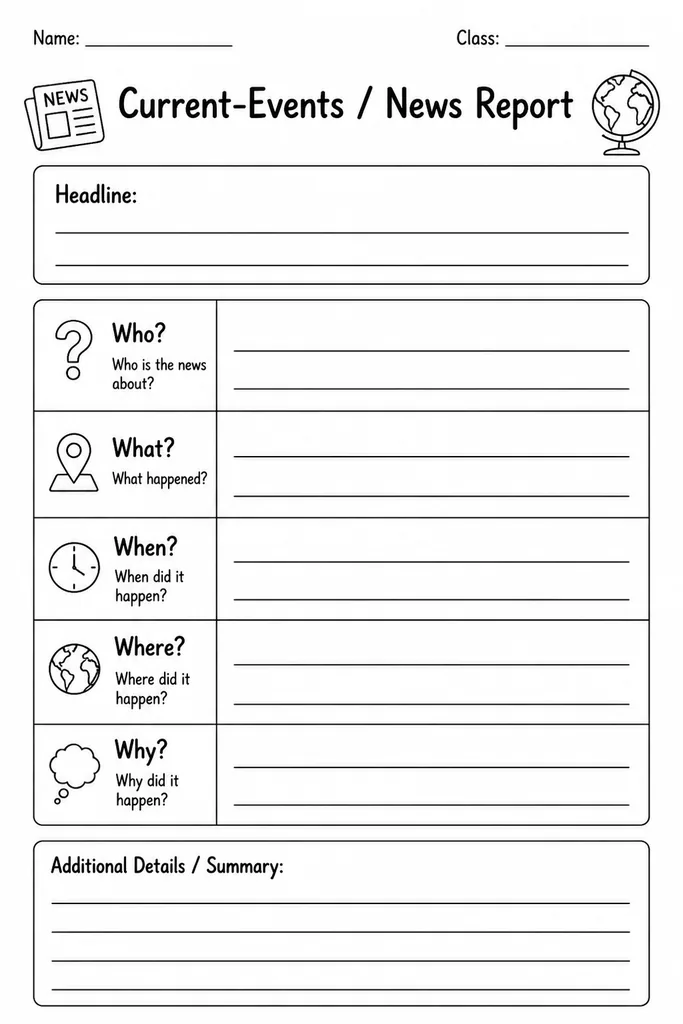 Free printable current-events news report template showing a headline box and five Ws reporting frame for students grades 3 to 8