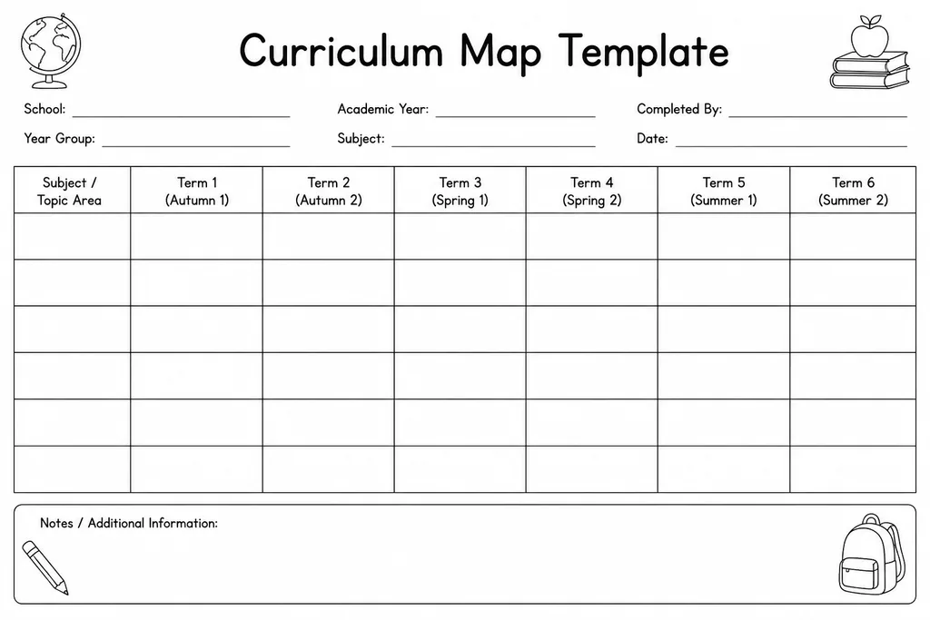 Blank printable curriculum map template showing a subject-by-term grid with empty cells for teacher planning