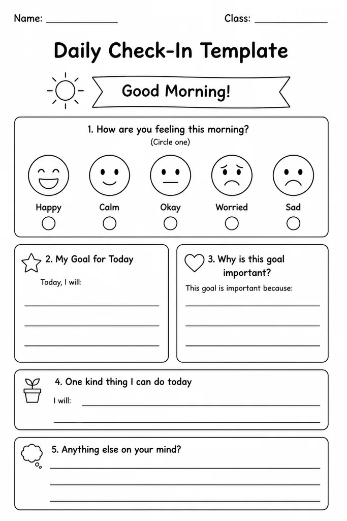 Blank daily check-in printable template with feelings selector, what's on my mind prompt, and today's goal section for elementary students