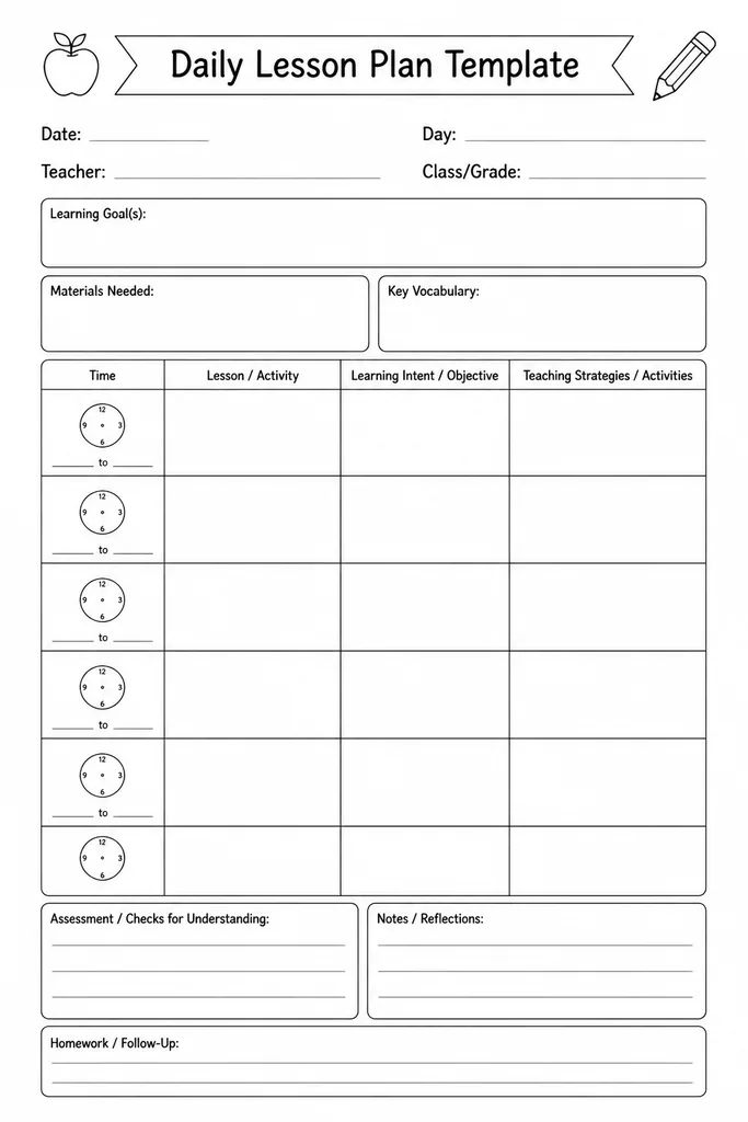 Blank printable daily lesson plan template with time-blocked rows for subject, activity, resources, and differentiation notes