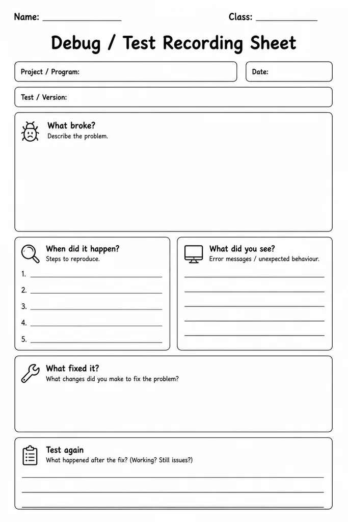 Blank printable debug test recording sheet with sections for problem description, expected vs actual behavior, steps tried, and solution