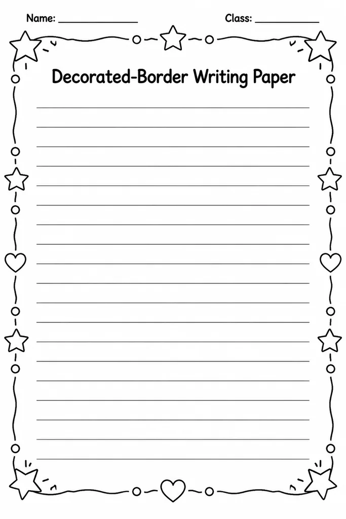 Free printable Decorated-Border Writing Paper template showing a themed illustrated border surrounding blank ruled writing lines for Kindergarten through Grade 5