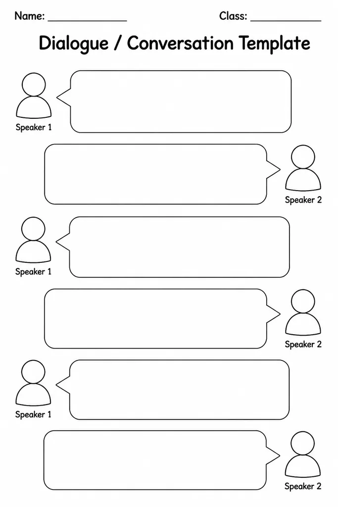 Blank printable Spanish dialogue conversation template with alternating speaker turn lines and labels for structured conversation writing