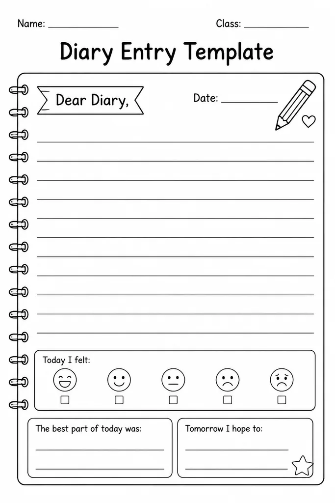 Free printable diary entry template with a Dear Diary salutation at the top, a date line, and full-page ruled writing lines below