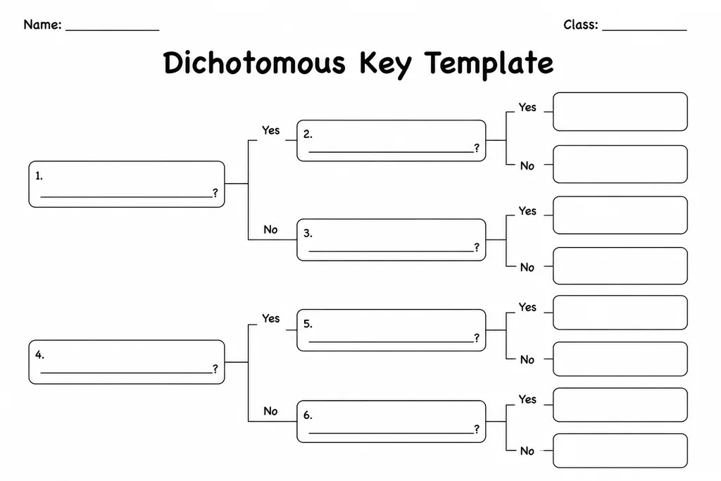 Blank printable dichotomous key template with empty branching flowchart nodes and yes/no decision paths for student classification activities