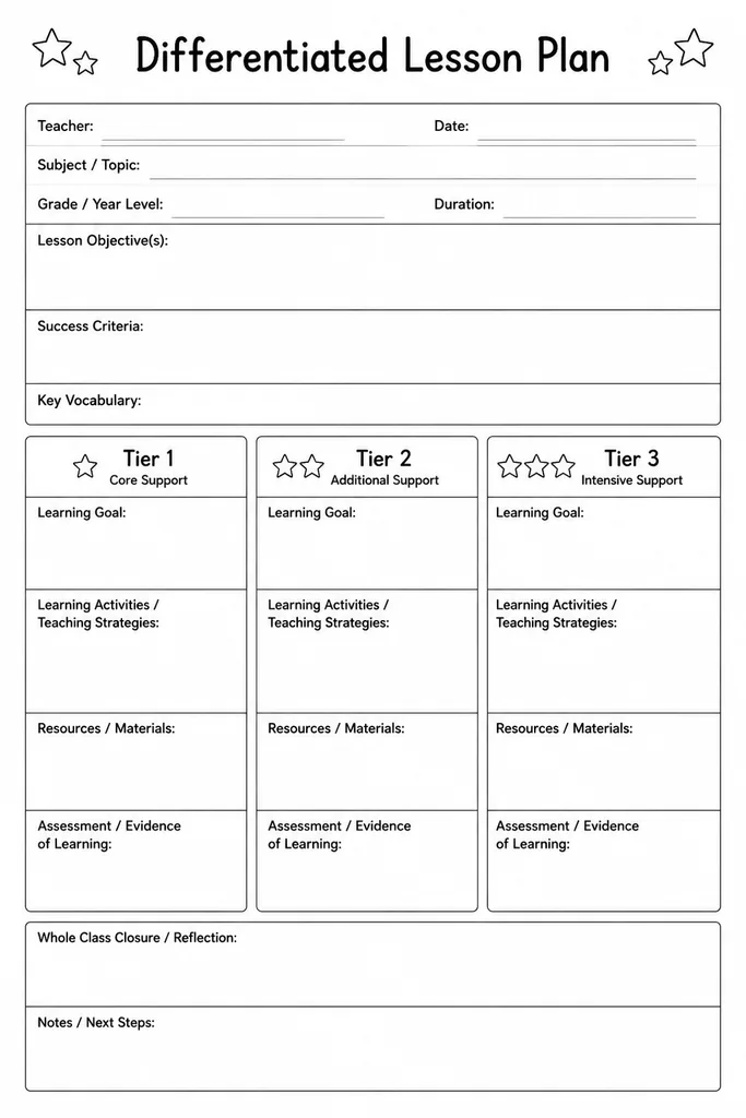 Blank printable differentiated lesson plan template with three-tier columns for scaffolded, on-level, and extension tasks