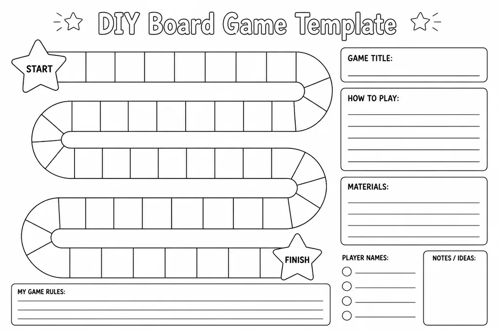 A blank printable board game template showing a winding track of numbered squares with START and FINISH labels, ready to fill with custom content